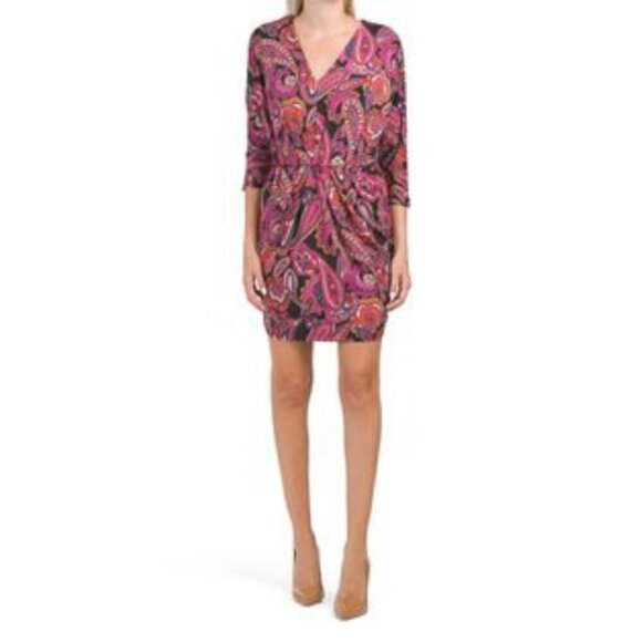 Trina Trina Turk Birch Printed Jersey V-Neck Ruched Dress Small - Picture 1 of 14